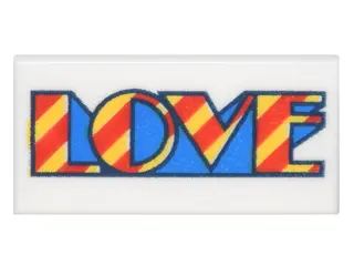 White Tile 1 x 2 with Yellow, Red and Blue 'LOVE' Pattern