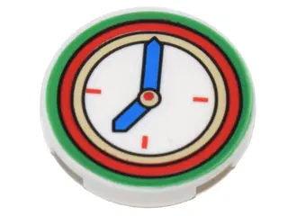 White Tile, Round 2 x 2 with Bottom Stud Holder with Green and Red Clock with White Face and Blue Ha