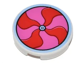 White Tile, Round 2 x 2 with Bottom Stud Holder with Red and Dark Pink Pinwheel Pattern