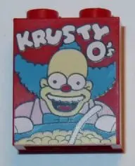 Red Brick 1 x 2 x 2 with Inside Stud Holder with 'KRUSTY O's' Cereal Box Pattern