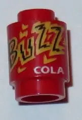 Red Brick, Round 1 x 1 with Black, Yellow and White 'BUZZ COLA' Pattern