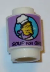 White Brick, Round 1 x 1 with Chef and 'SOUP FOR ONE' Pattern