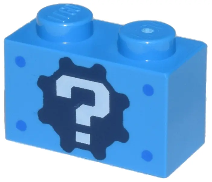 Dark Azure Brick 1 x 2 with White Question Mark on Dark Blue Gear and Blue Dots Pattern