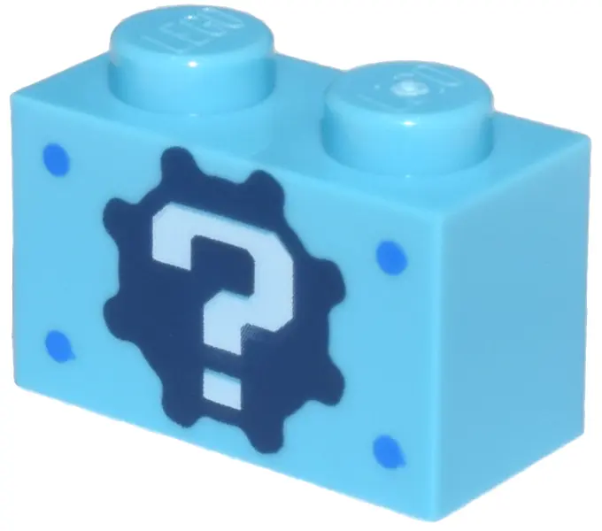Medium Azure Brick 1 x 2 with White Question Mark on Dark Blue Gear and Blue Dots Pattern