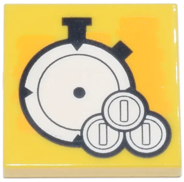 Yellow Tile 2 x 2 with White Stopwatch and Coins Pattern
