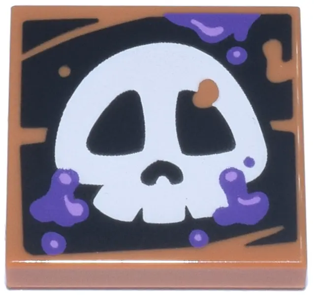 Medium Nougat Tile 2 x 2 with White Super Mario Skull and Dark Purple Poison Splotches on Black Back