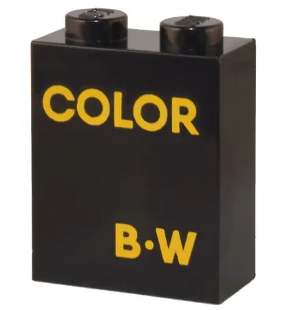 Black Brick 1 x 2 x 2 with Inside Stud Holder with Bright Light Orange 'COLOR' and 'B-W' Pattern
