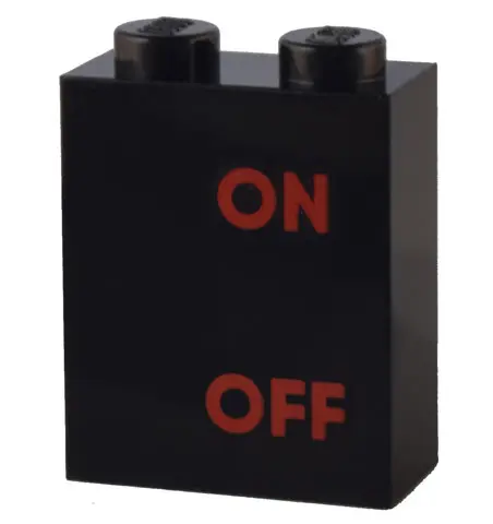 Black Brick 1 x 2 x 2 with Inside Stud Holder with Red 'ON' and 'OFF' Pattern