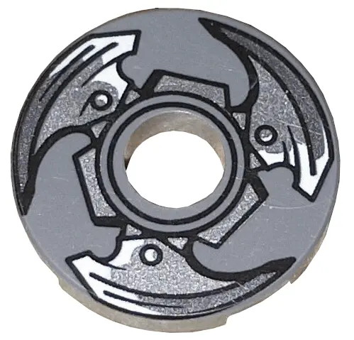 Dark Bluish Gray Tile, Round 2 x 2 with Hole with Propeller with 3 Silver Blades Pattern