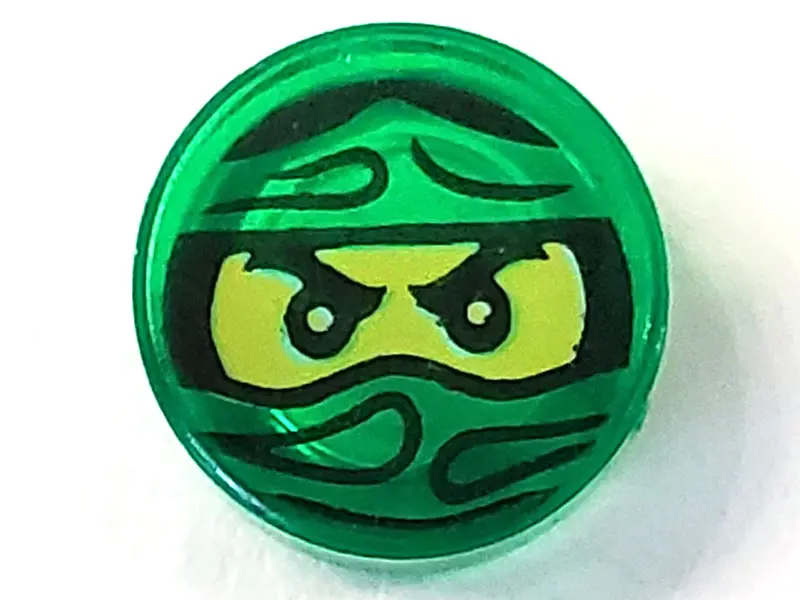 Trans-Green Tile, Round 1 x 1 with Ninjago Trapped Lloyd Pattern