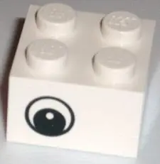 White Brick 2 x 2 with Black and White Eye Offset with Dot in Pupil Pattern on Opposite Sides