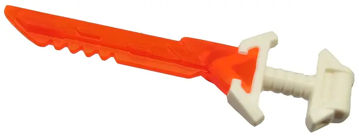 Trans-Neon Orange Minifigure, Weapon Sword with Serrated Blade and Molded White Hilt with Wide Angle