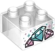 Trans-Clear Duplo, Brick 2 x 2 with Metallic Light Blue and Metallic Pink Diamonds, Sparkles and Dot