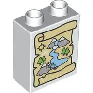 White Duplo, Brick 1 x 2 x 2 with Map of Mountains, River and Trees on Tan Scroll Pattern