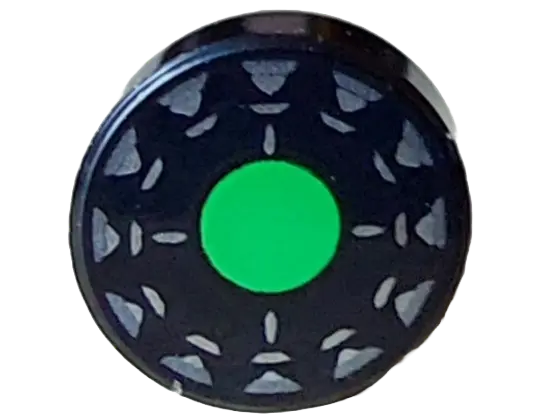 Black Tile, Round 1 x 1 with Bright Green Circle, Silver Stripes and Dark Silver Triangles Pattern