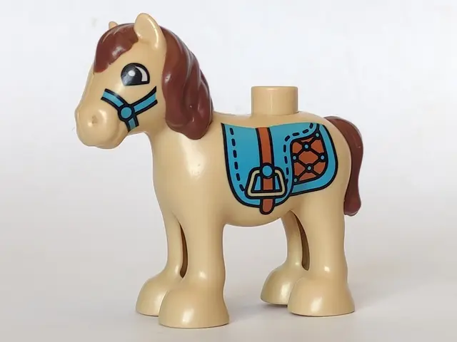 Tan Duplo Horse Baby Foal Pony with Reddish Brown Mane and Tail, Medium Azure Saddle with Stirrups, 