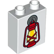 White Duplo, Brick 1 x 2 x 2 with Red Lantern with Flame Pattern