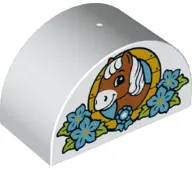 White Duplo, Brick 2 x 4 x 2 Slope Curved Double with Horse Head in Ring and Flowers Pattern