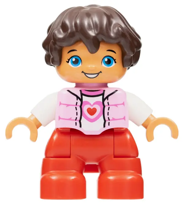 Duplo Figure Lego Ville, Child Girl, Red Legs, Bright Pink Top with Heart Pattern, White Arms, Reddi