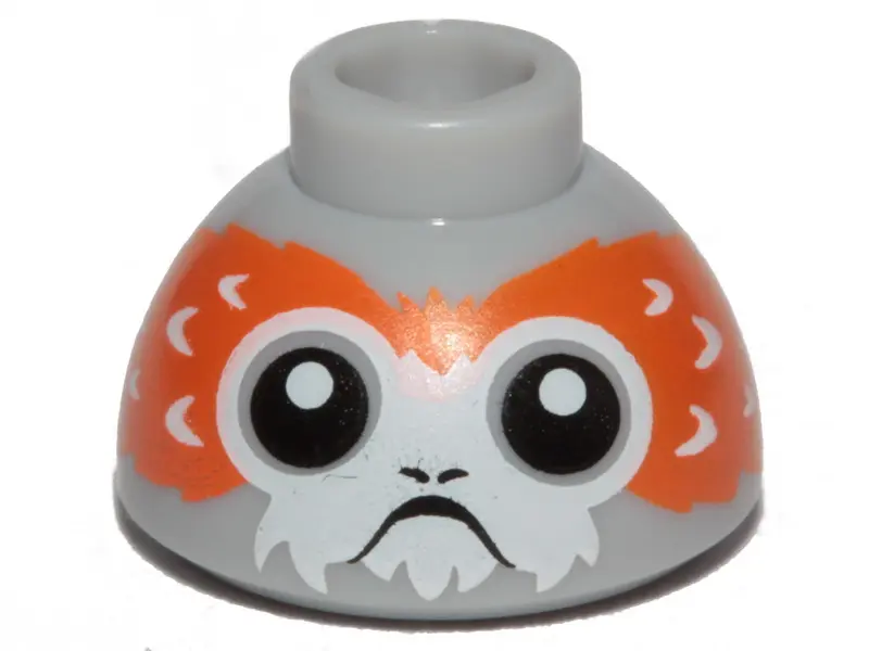 Light Bluish Gray Brick, Round 1 1/2 x 1 1/2 x 2/3 Dome Top with Porg Head, V-Shaped between Eyes Pa