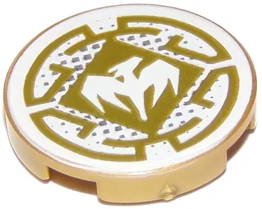 Pearl Gold Tile, Round 2 x 2 with Bottom Stud Holder with White Dragon and Gold Decorative Lines Pat