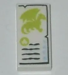 White Tile 1 x 2 with Lime Dragon, Dark Green Lines and Bright Light Blue Elemental Symbols Pattern