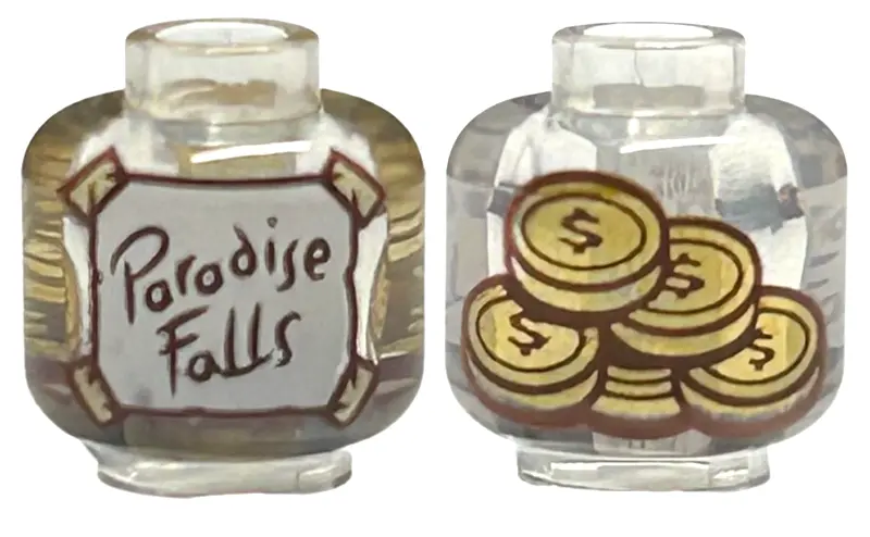 Trans-Clear Minifigure, Head without Face with White Label with Reddish Brown 'Paradise Falls' and T