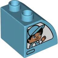 Medium Azure Duplo, Brick 2 x 2 x 1 1/2 Slope Curved with Boy with Cap, Girl with Bow, and White Veh