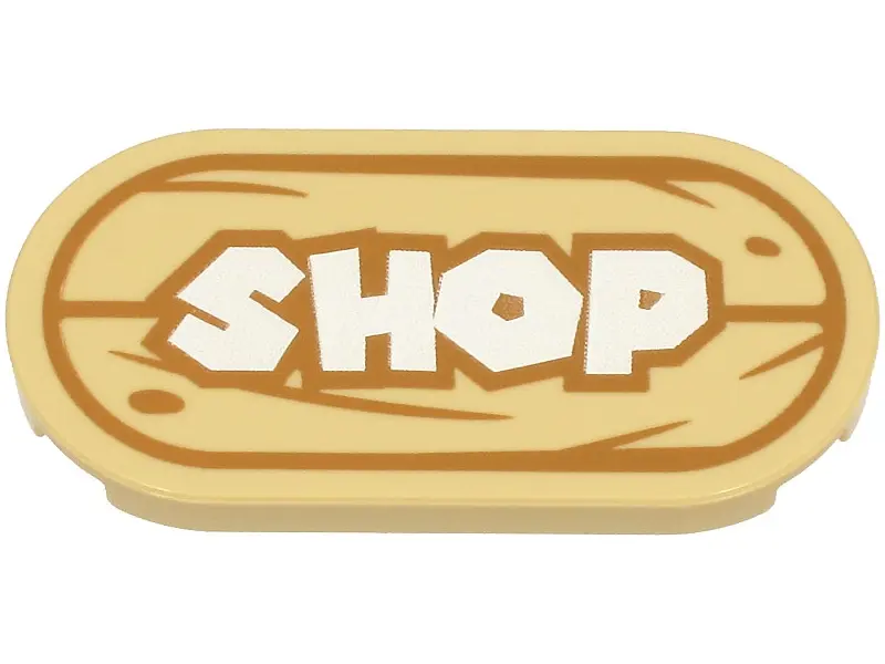 Tan Tile, Round 2 x 4 Oval with White 'SHOP' Sign with Medium Nougat Wood Grain Pattern