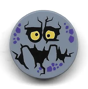 Sand Blue Tile, Round 2 x 2 with Bottom Stud Holder with Purple Rock Spots, Yellow Eyes with Pupils,