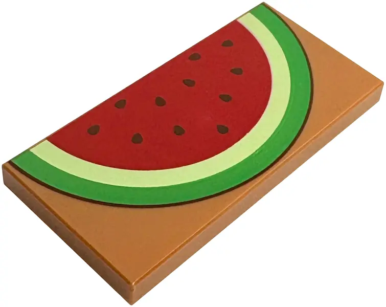 Nougat Tile 2 x 4 with Bright Green, Yellowish Green and Red Watermelon Slice with Dark Green Seeds 