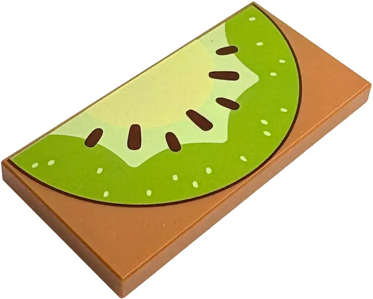 Nougat Tile 2 x 4 with Lime Kiwi Fruit Slice with Dark Brown Seeds Pattern