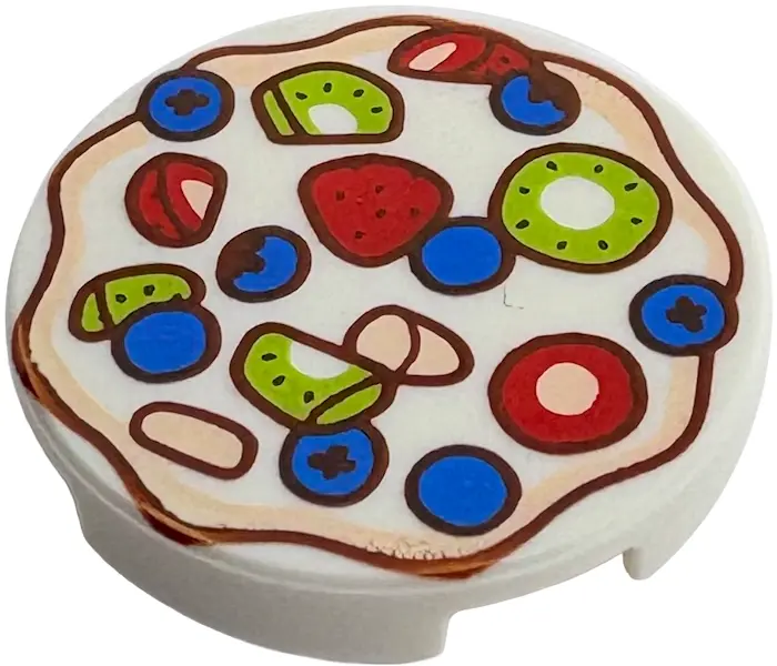 Tile, Round 2 x 2 with Bottom Stud Holder with Red Strawberries, Blue Blueberries and Lime Kiwi Frui