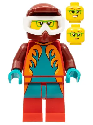 Freya McCloud - Stuntz Driver, Dark Red Jumpsuit with Dark Turquoise and Orange Flames, Red Legs, Da