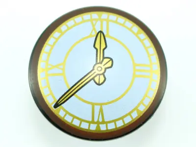 Black Minifigure, Shield Circular / Round Convex Face with Clock with Gold Hands and Roman Numerals 
