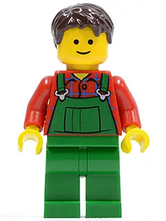Overalls Farmer Green, Dark Brown Short Tousled Hair, Standard Grin
