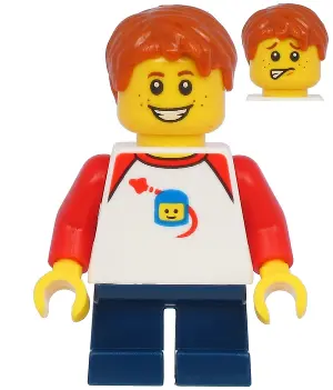 Boy with Classic Space Shirt with Red Sleeves, Dark Blue Short Legs, Dark Orange Hair