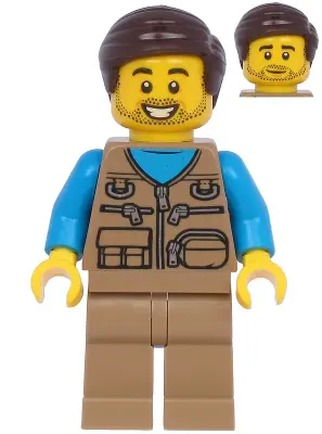 Male with Dark Tan Vest Over Dark Azure Shirt, Dark Tan Legs, Dark Brown Hair