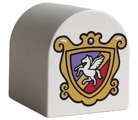 White Duplo, Brick 2 x 2 x 2 Slope Curved Double with Coat of Arms Flying Horse Pattern