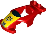 Red Duplo Car Body Race with Black Windshield with Yellow Stripe Wide and '28' and Mickey Mouse Patt