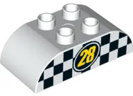 White Duplo, Brick 2 x 4 Slope Curved Double with Yellow '28' on Black Oval with Checkered Backgroun