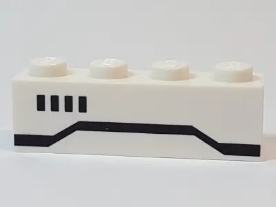 White Brick 1 x 4 with 4 Black Squares and Black Stripe Pattern
