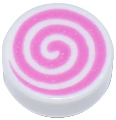 White Tile, Round 1 x 1 with Dark Pink Spiral Pattern