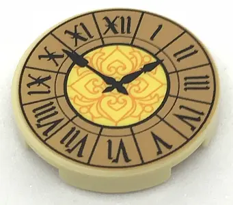 Tan Tile, Round 2 x 2 with Bottom Stud Holder with Clock with Roman Numerals Ornate Pattern