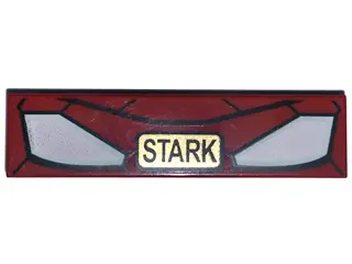 Dark Red Tile 1 x 4 with Iron Man Mask and Gold 'STARK' Pattern