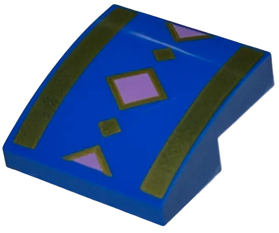 Blue Slope, Curved 2 x 2 x 2/3 with Gold and Medium Lavender Diamonds, Stripes Pattern (BrickHeadz K