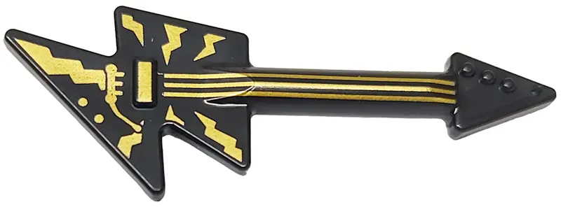Black Minifigure, Utensil Musical Instrument, Guitar Electric Lightning Bolt with Gold Strings, Brid