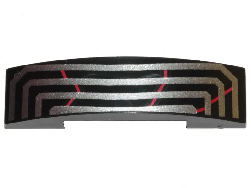 Black Slope, Curved 4 x 1 x 2/3 Double with Red Scratches and Silver Angular Lines Pattern  (BrickHe