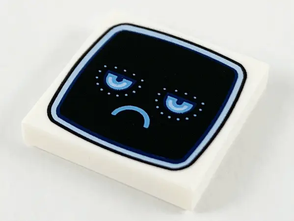 White Tile 2 x 2 with Black TV Screen, Bright Light Blue Eyes and Frown Pattern