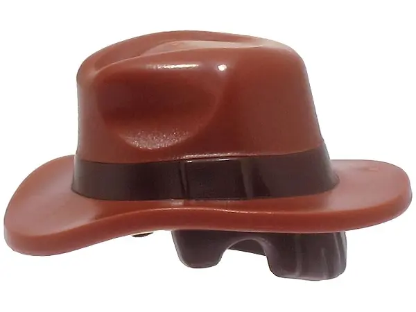 Reddish Brown Minifigure, Hair Combo, Hat with Hair, Fedora Outback Style with Wide Brim with Molded
